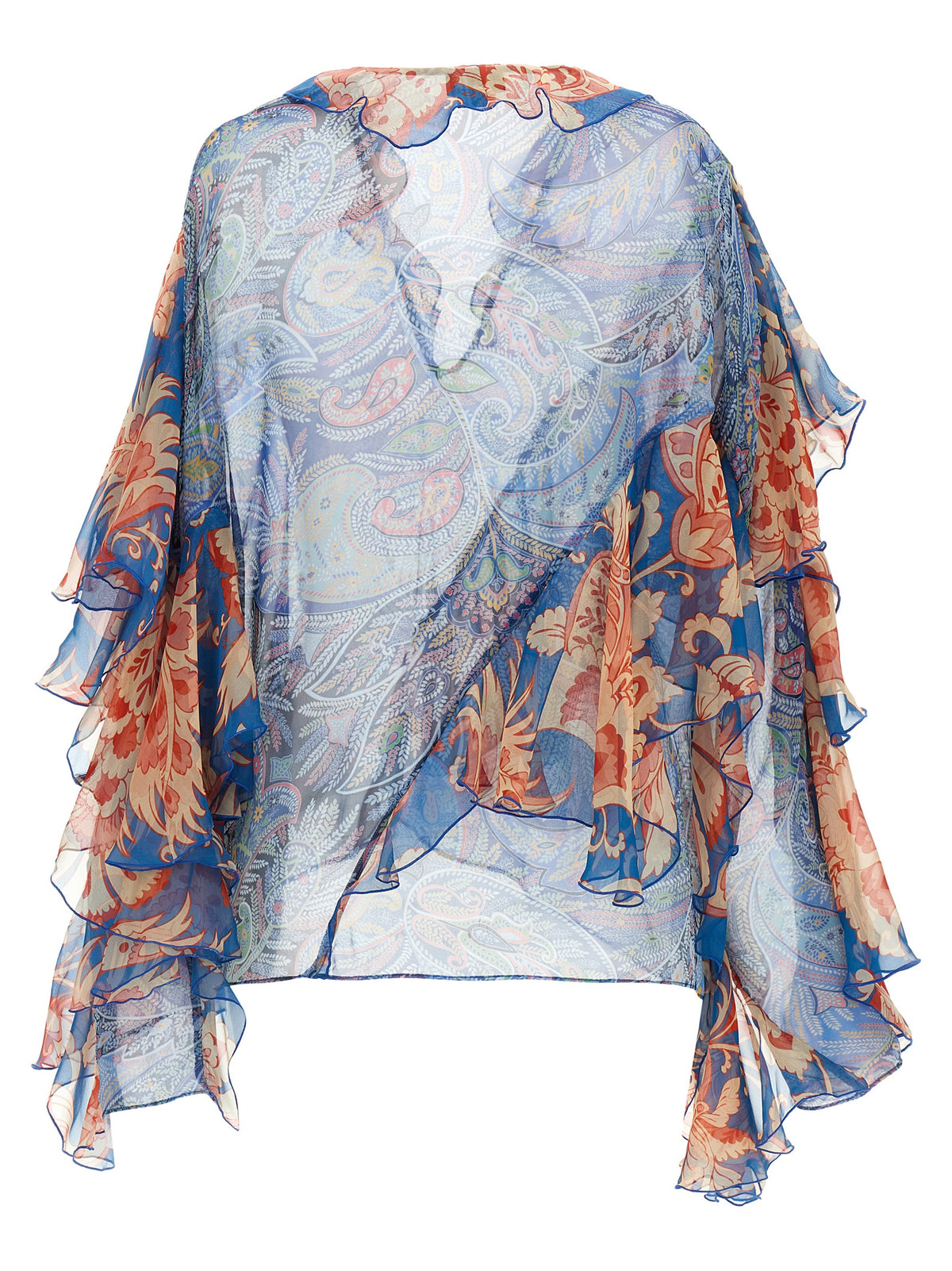 Etro Blue Silk Blouse with Floral Print and Ruffles