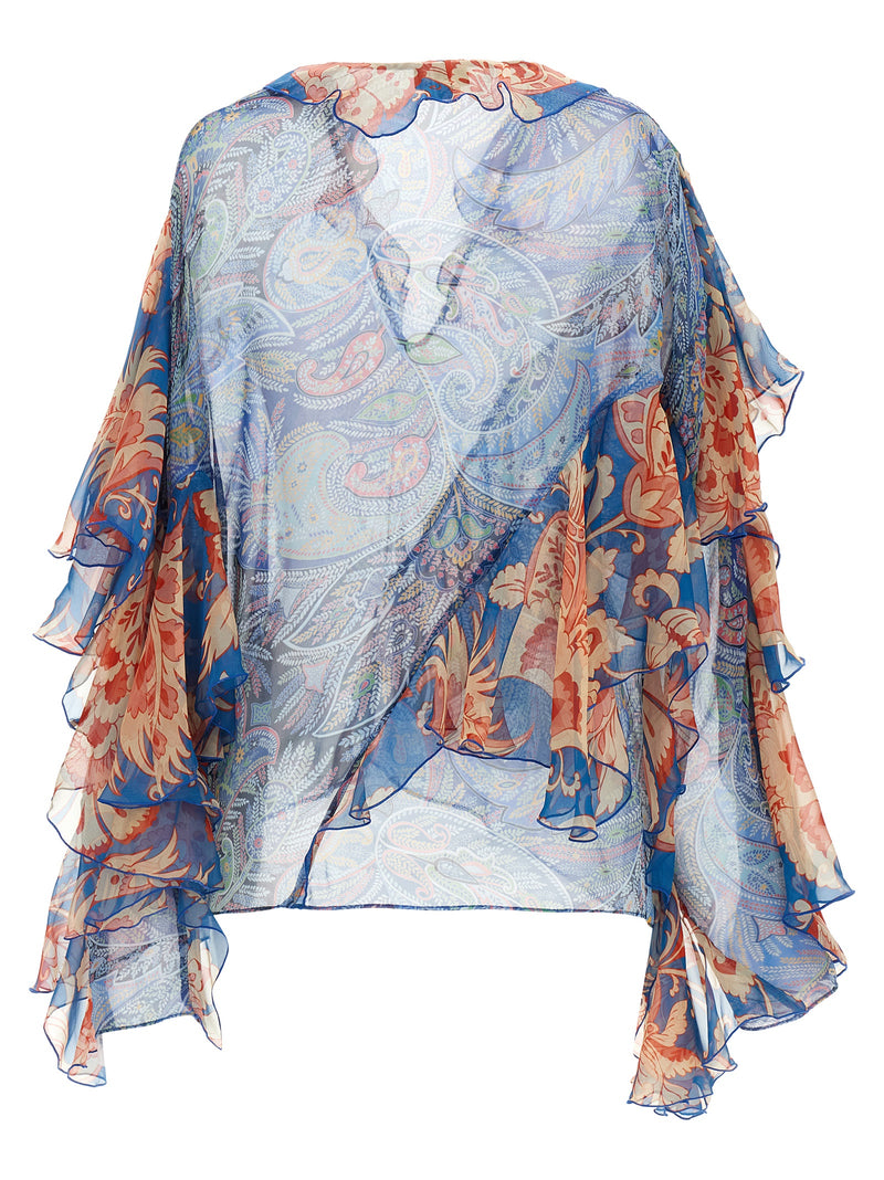 Etro Blue Silk Blouse with Floral Print and Ruffles