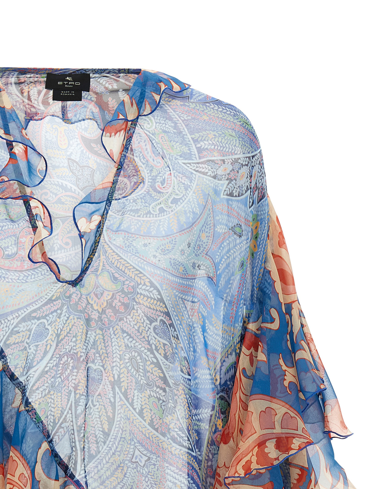 Etro Blue Silk Blouse with Floral Print and Ruffles