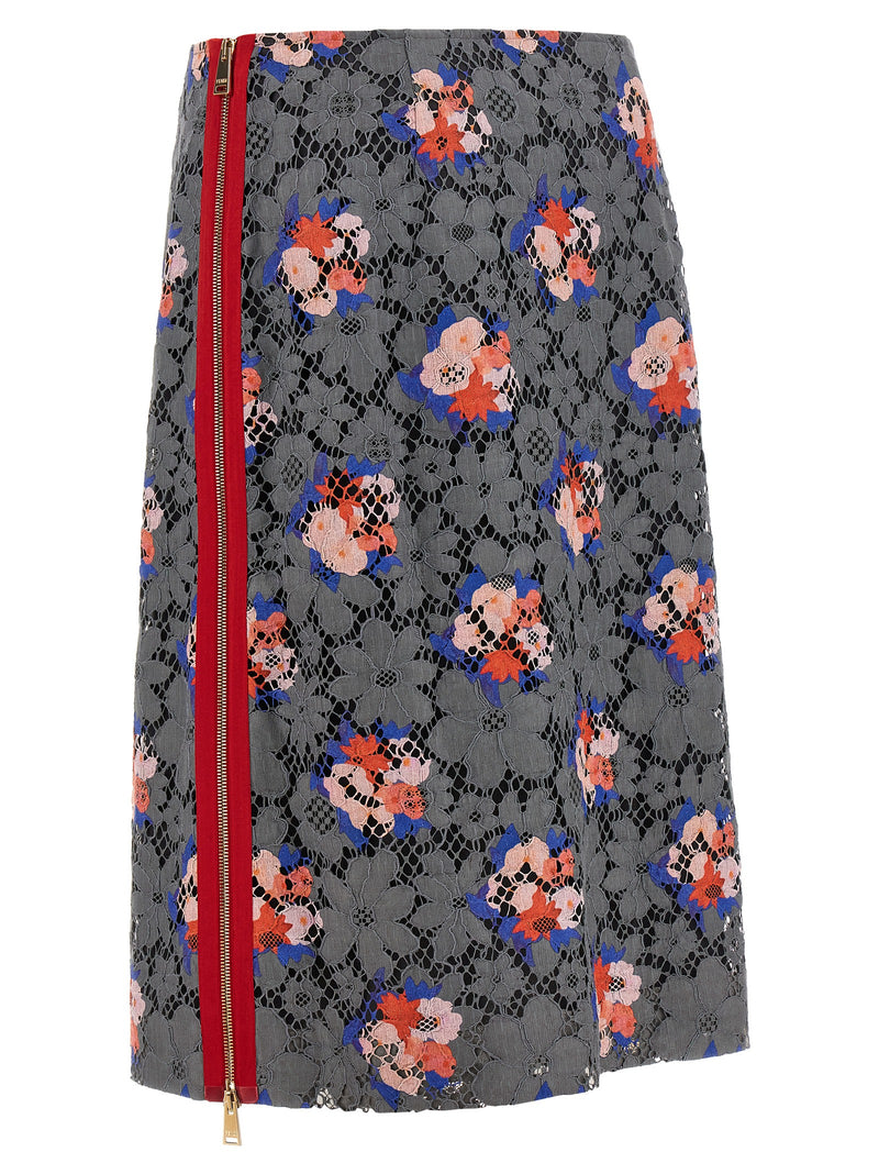 Fendi Gray Cotton Midi Skirt with Floral Motif