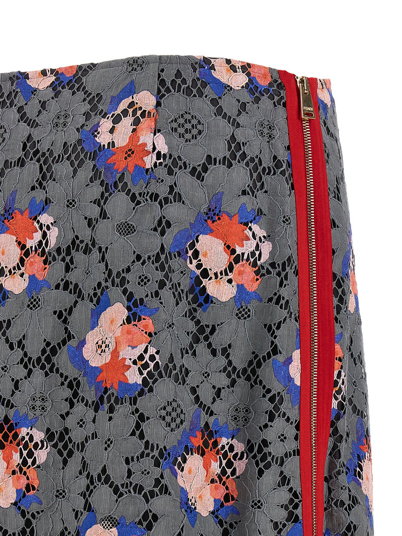 Fendi Gray Cotton Midi Skirt with Floral Motif