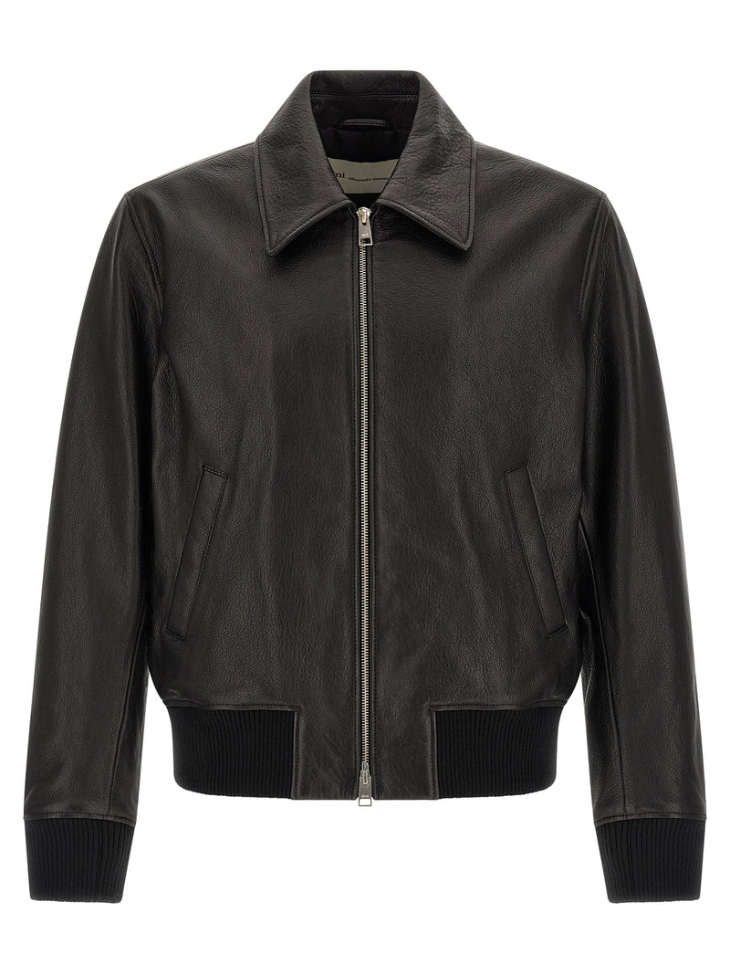 Ami Paris Black Lamb Leather Bomber Jacket