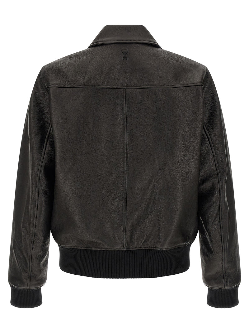 Ami Paris Black Lamb Leather Bomber Jacket