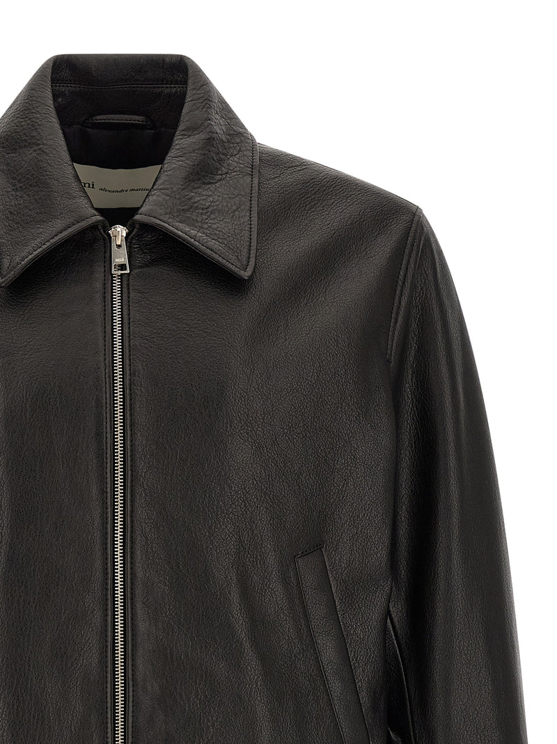 Ami Paris Black Lamb Leather Bomber Jacket