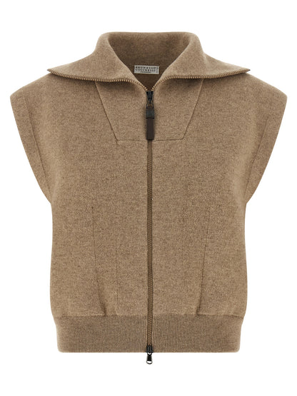Brunello Cucinelli Beige Cashmere Sleeveless Jacket