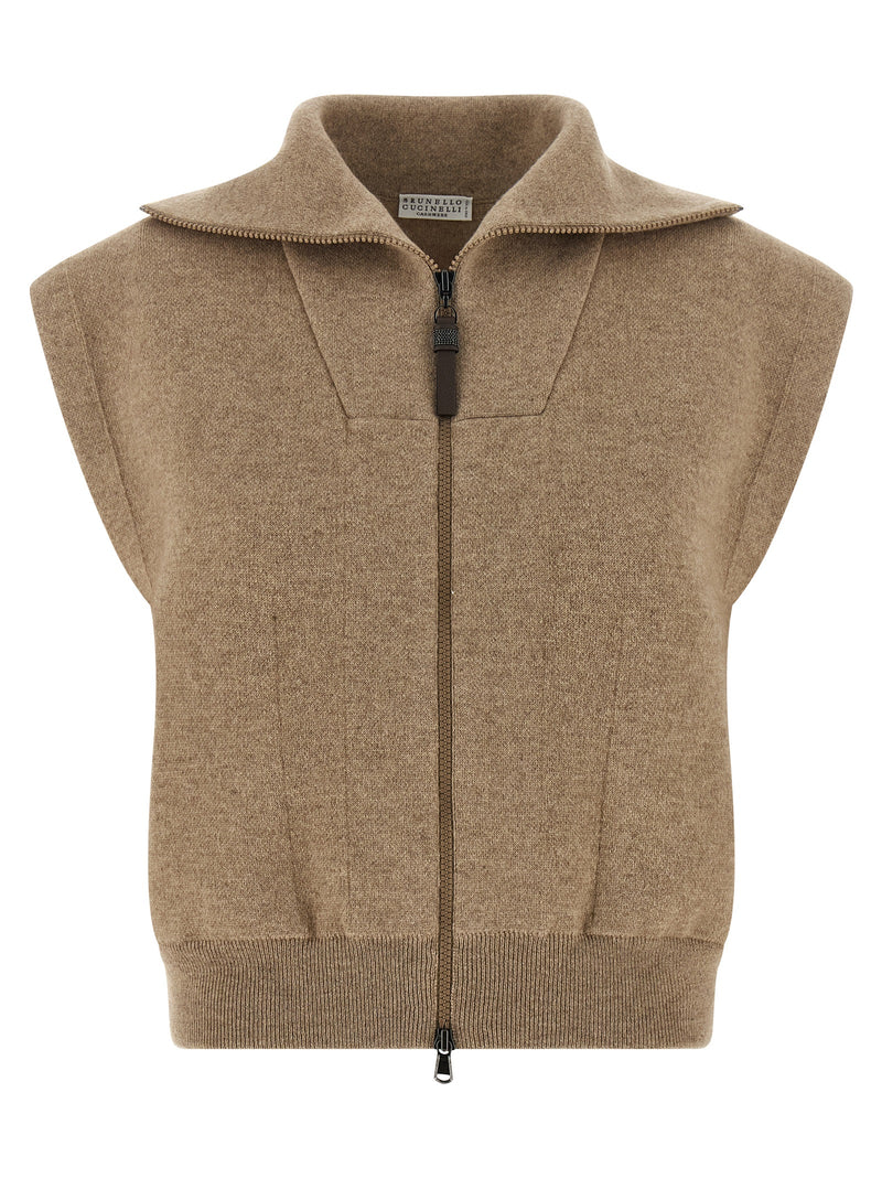 Brunello Cucinelli Beige Cashmere Sleeveless Jacket