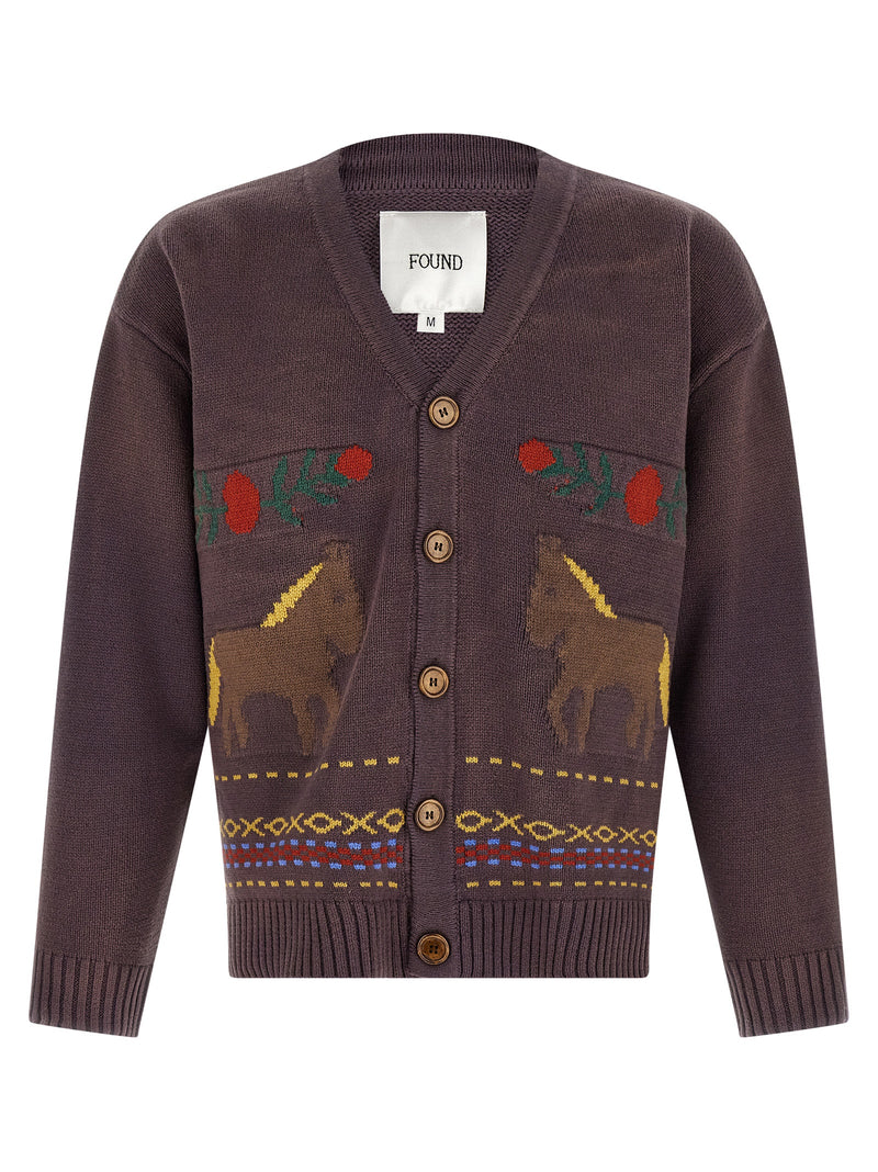 FOUND Brown Cotton Blend Cardigan with Horse Patterns
