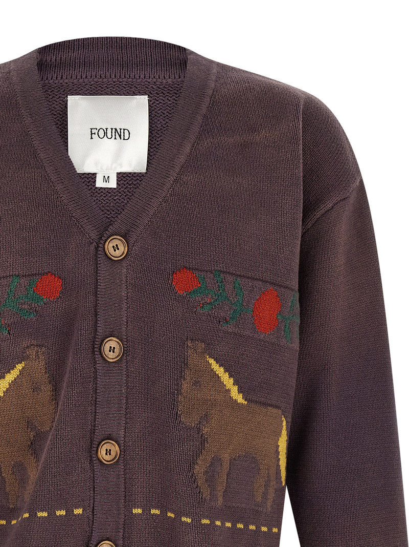 FOUND Brown Cotton Blend Cardigan with Horse Patterns