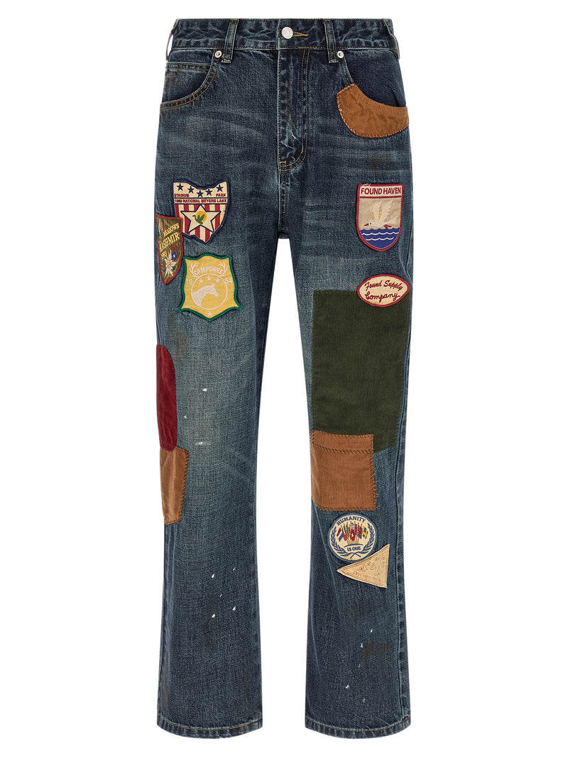 FOUND Blue Cotton Straight-Leg Jeans - Bold Patchwork Design