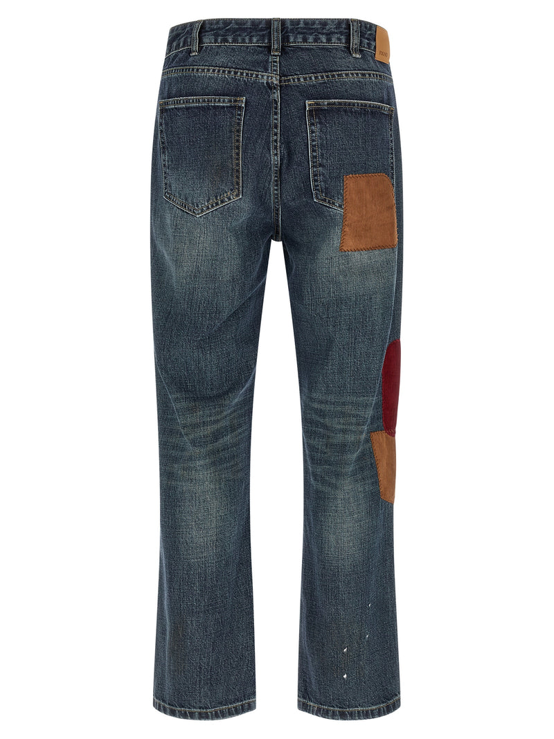 FOUND Blue Cotton Straight-Leg Jeans - Bold Patchwork Design