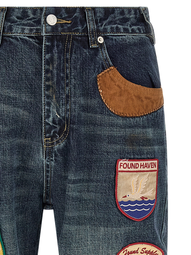 FOUND Blue Cotton Straight-Leg Jeans - Bold Patchwork Design