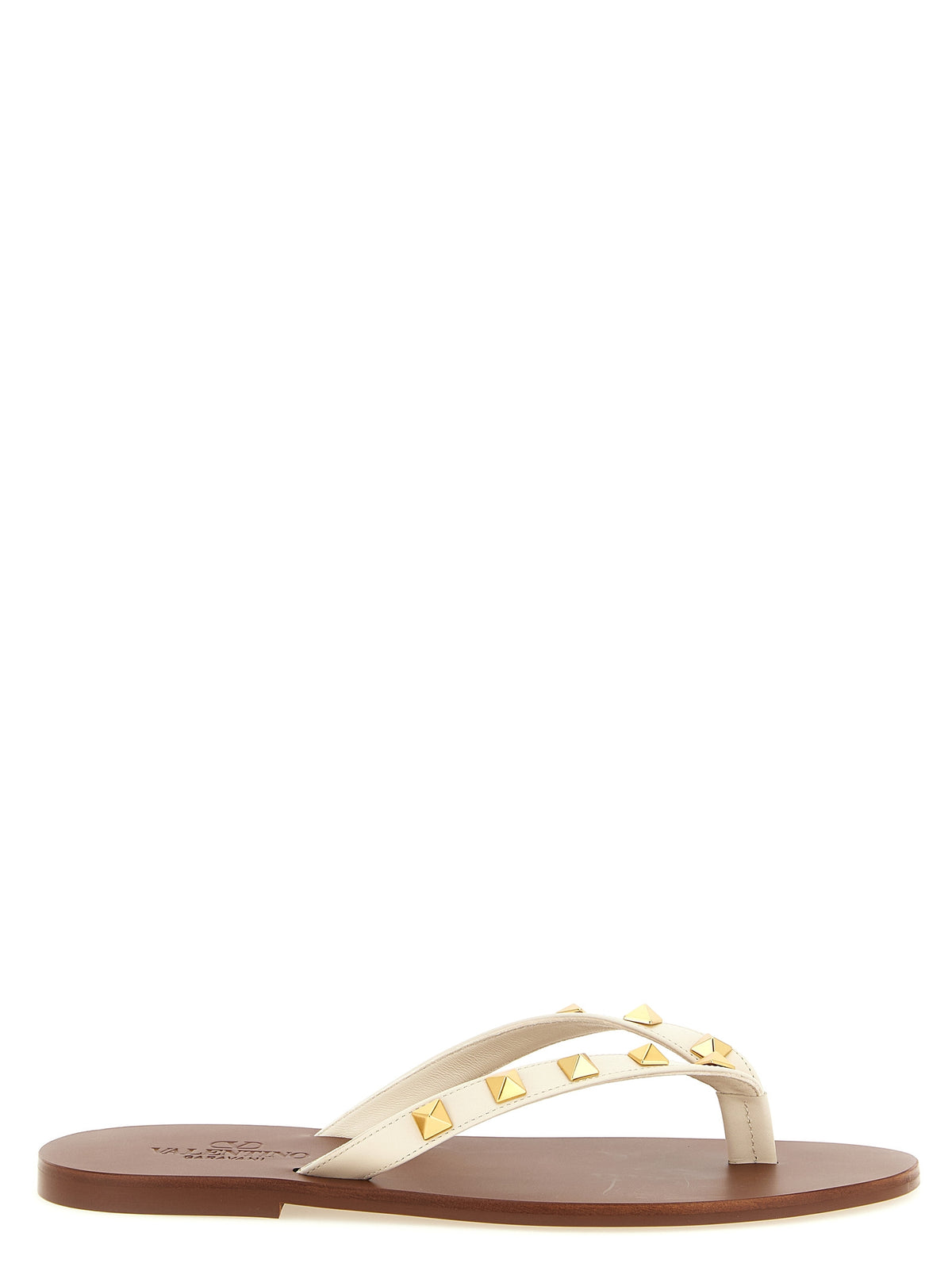 Valentino Garavani White Calfskin Thong Rockstud Slides