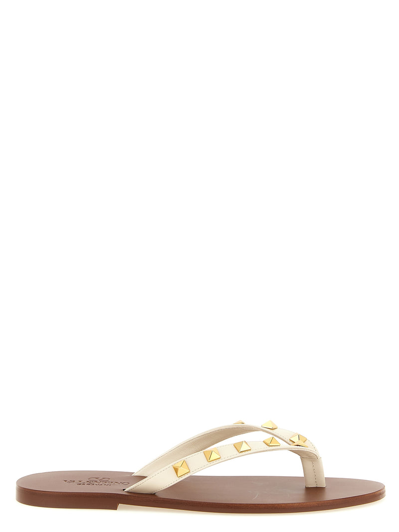Valentino Garavani White Calfskin Thong Rockstud Slides