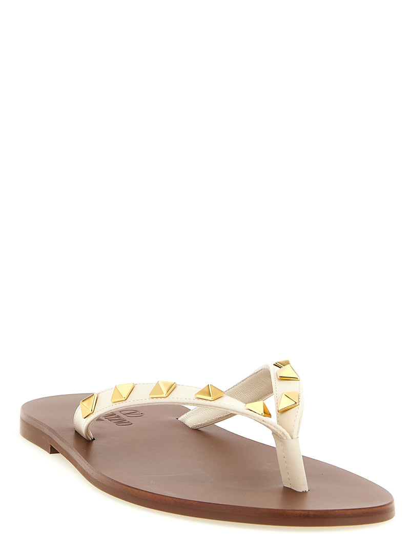 Valentino Garavani White Calfskin Thong Rockstud Slides