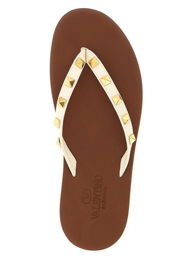 Valentino Garavani White Calfskin Thong Rockstud Slides
