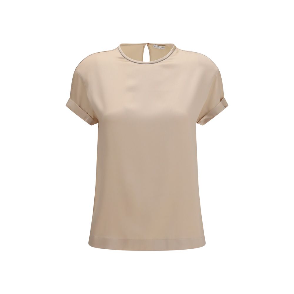 Brunello Cucinelli Beige Elastane Blouse with Monili Chain