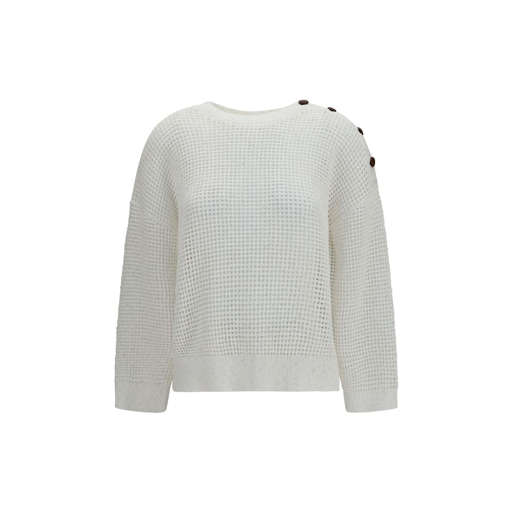 Brunello Cucinelli White Cotton Sweatshirt with Shoulder Buttons