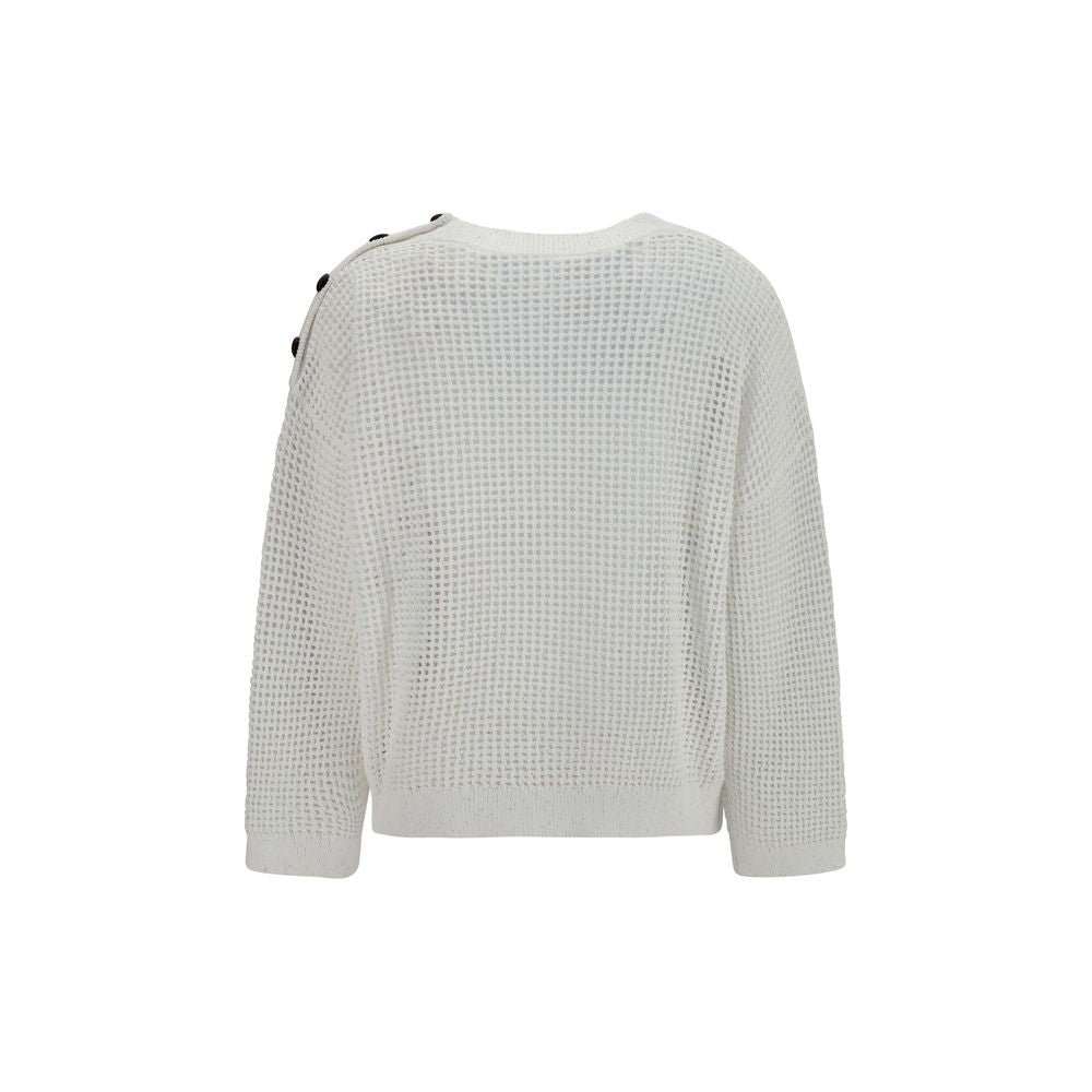 Brunello Cucinelli White Cotton Sweatshirt with Shoulder Buttons