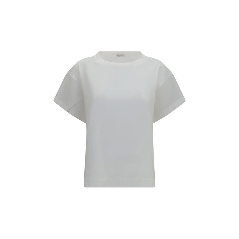 Brunello Cucinelli White Cotton T-Shirt with Sheer Sleeves