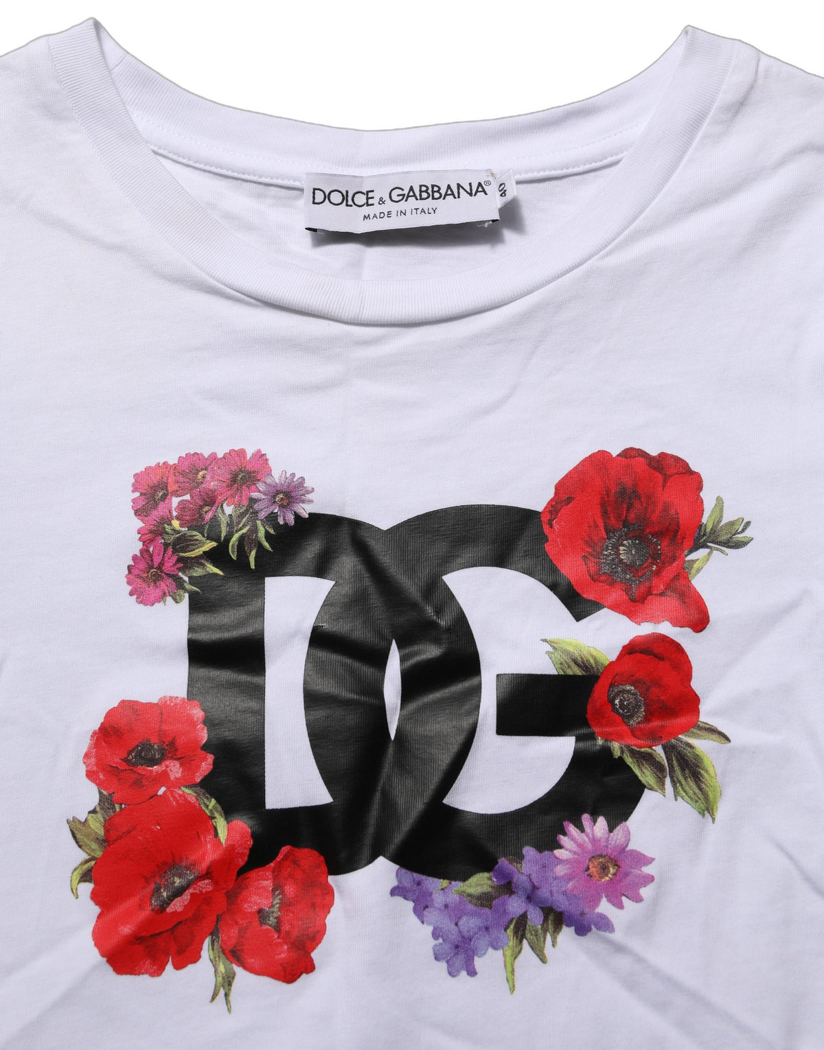 Dolce & Gabbana White Floral Logo Cotton Round Neck T-shirt