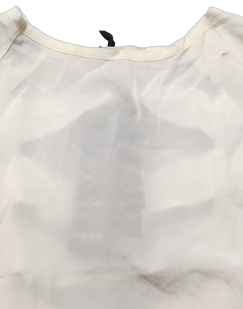 PINKO Off White Silk Sheer Round Neck Short Sleeves Blouse Top
