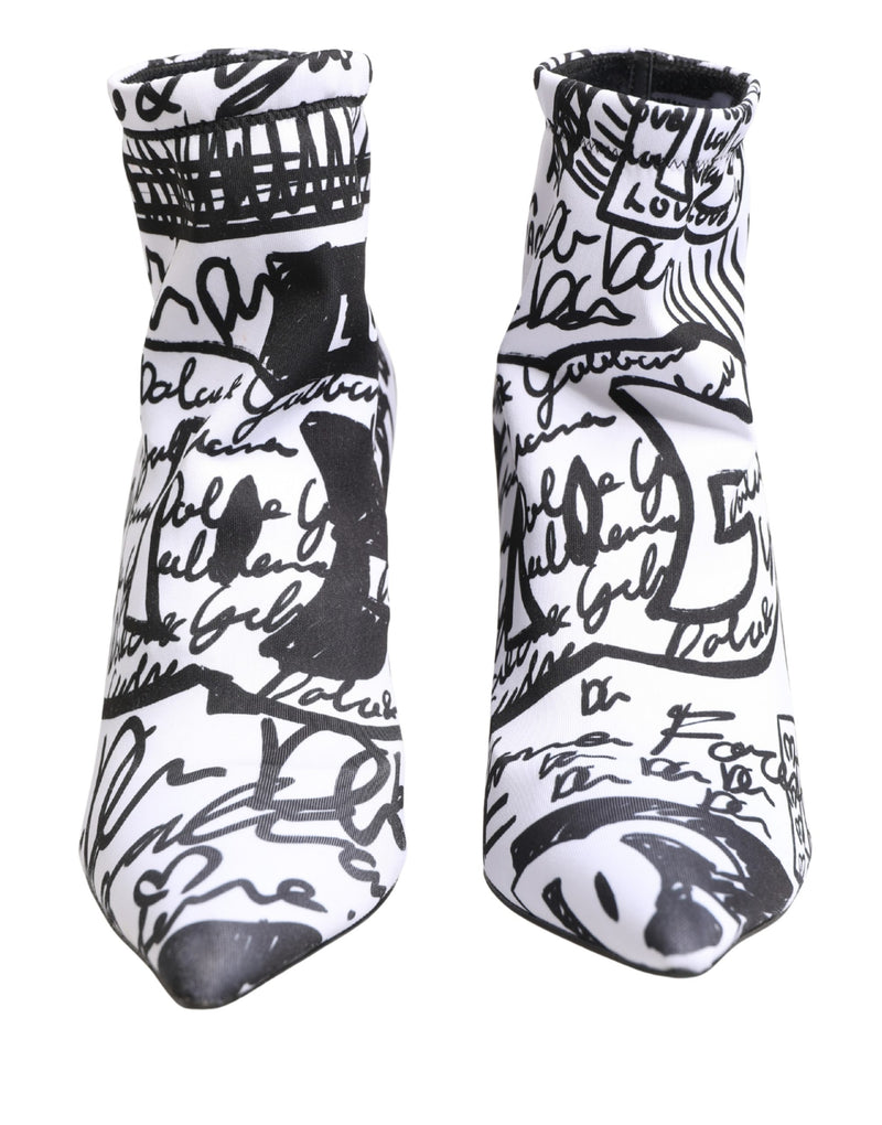 Dolce & Gabbana White Graffiti Stretch Ankle Boots Shoes