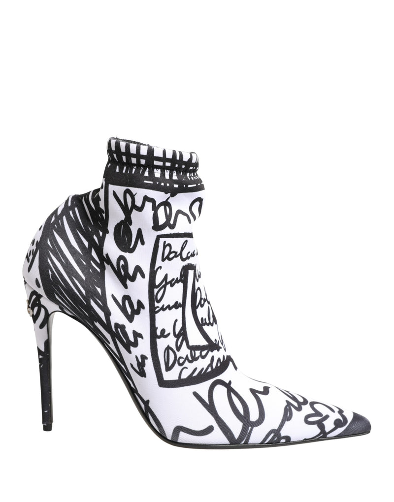 Dolce & Gabbana White Graffiti Stretch Ankle Boots Shoes