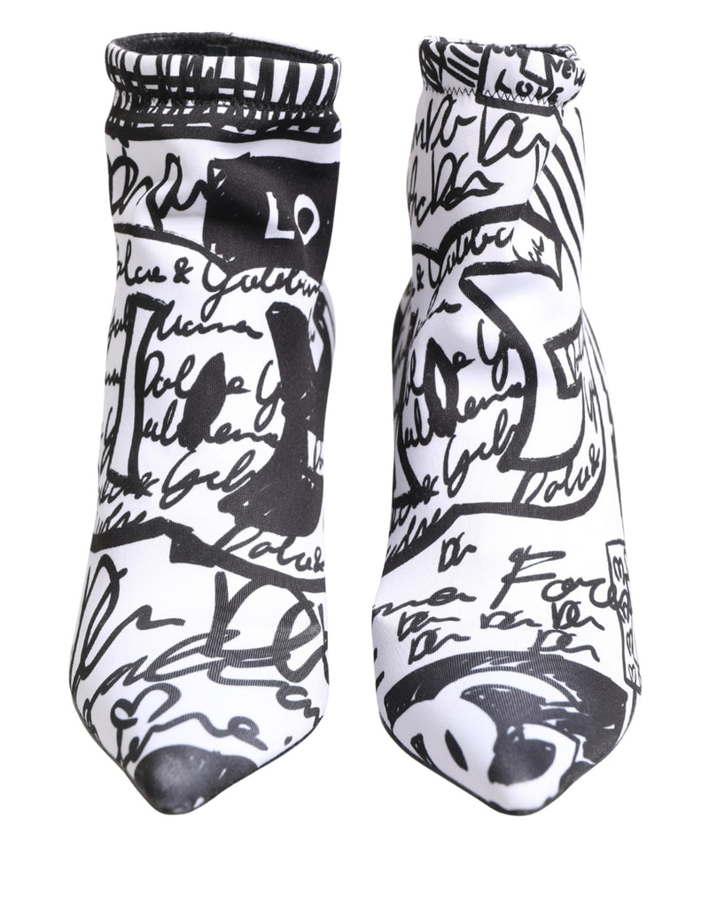 Dolce & Gabbana White Graffiti Stretch Ankle Boots Shoes