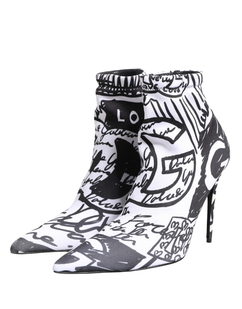 Dolce & Gabbana White Graffiti Stretch Ankle Boots Shoes