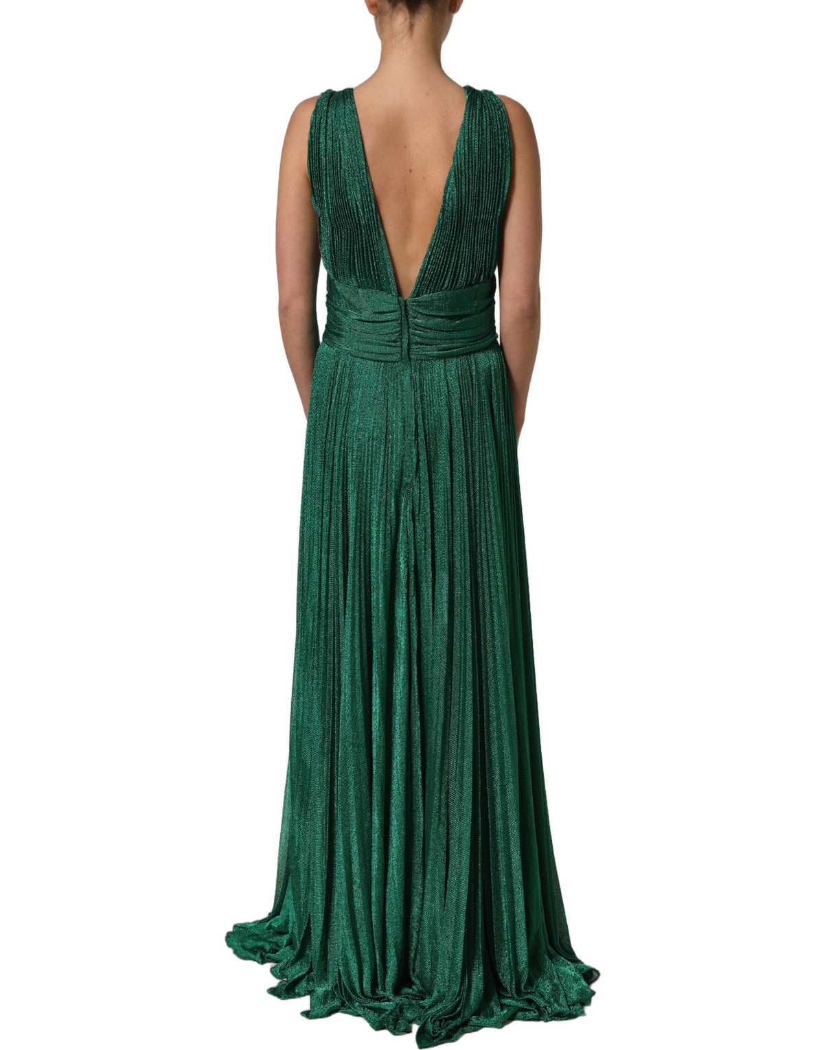 Dolce & Gabbana Metallic Green Sleeveless Plissé Gown Dress