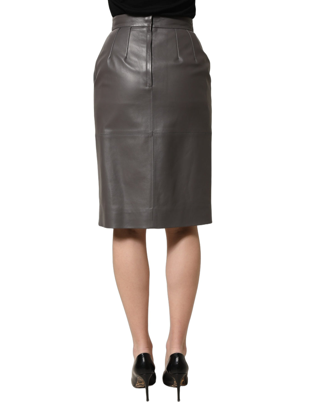 Dolce & Gabbana Gray Leather High Waist Pencil Cut Midi Skirt