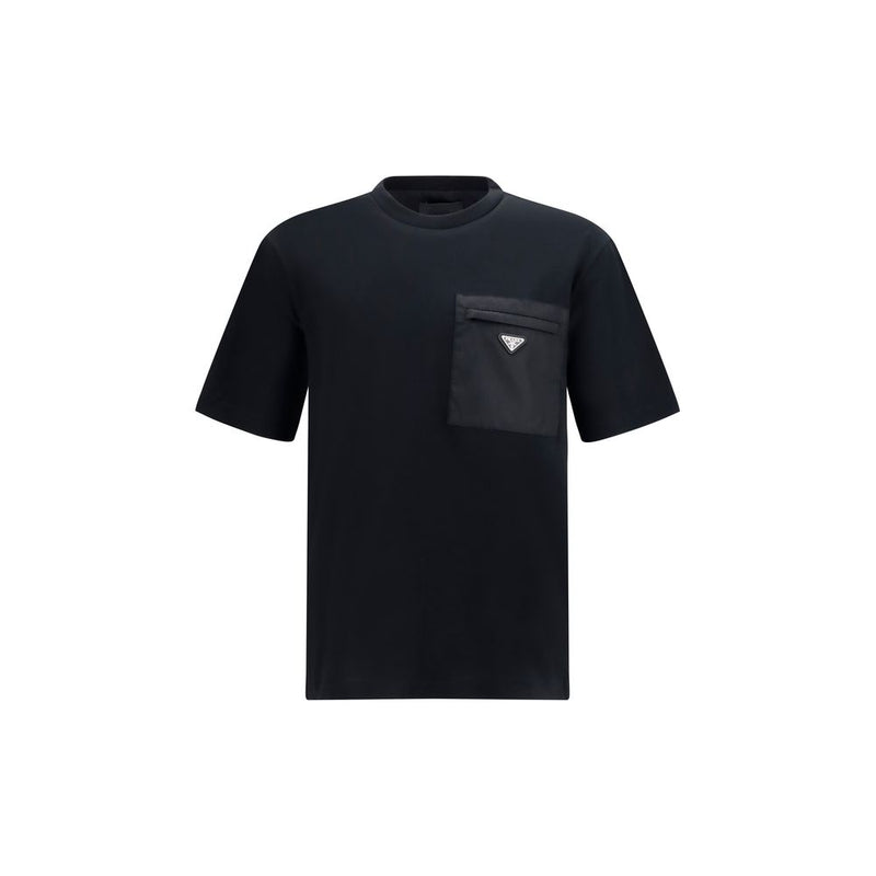 Prada Black Cotton T-Shirt with Logo and Zip Pocket