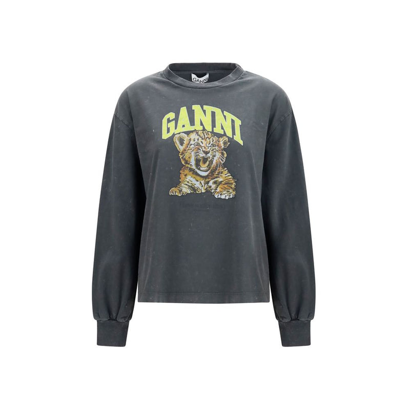 Ganni Gray Cotton Tiger-Print Long Sleeve T-Shirt