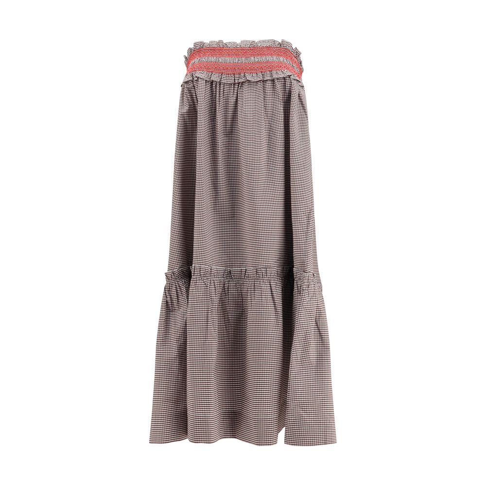 Ganni Brown Cotton Midi Skirt with Ruffle Detailing