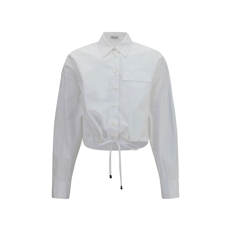 Brunello Cucinelli White Cotton Dress Shirt with Drawstring Waist