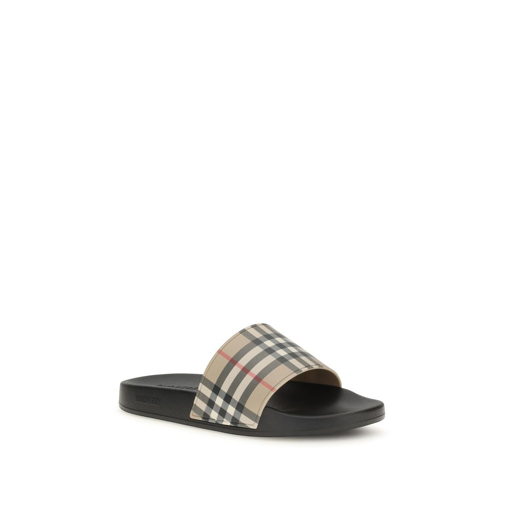 Burberry Black Rubber Slides - Iconic Check Pattern