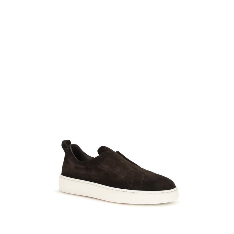 Santoni Brown Calf Leather Bos Taurus Sneakers for Men