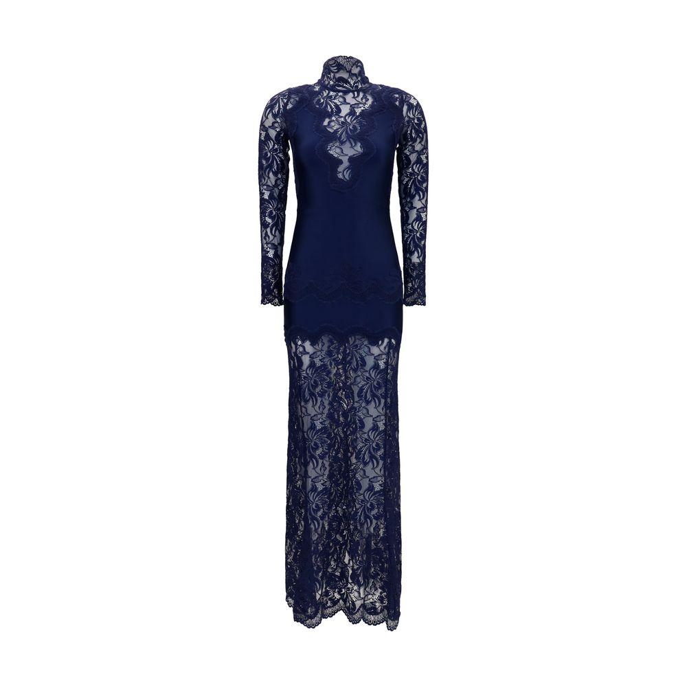 Rabanne Blue Polyamide Long Dress - Elegant Lace and Jersey Design