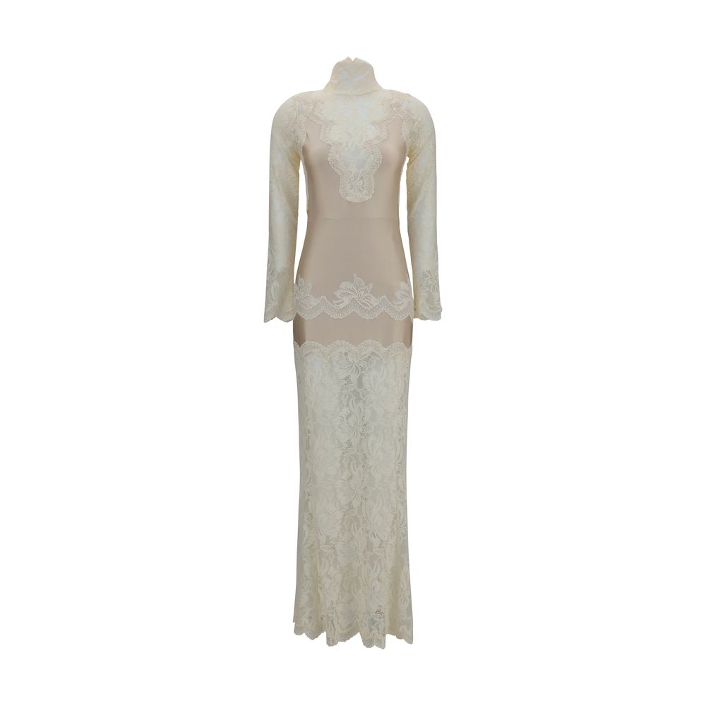 Rabanne Beige Polyamide Long Dress - Elegant Lace and Jersey Design