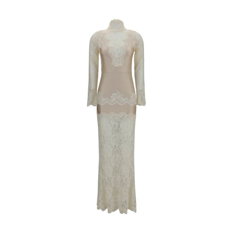 Rabanne Beige Polyamide Long Dress - Elegant Lace and Jersey Design