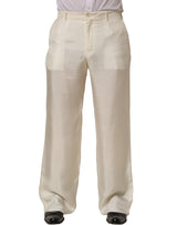 Dolce & Gabbana Off White Silk Straight Wide Leg Trouser Pants
