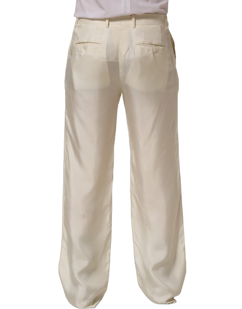 Dolce & Gabbana Off White Silk Straight Wide Leg Trouser Pants