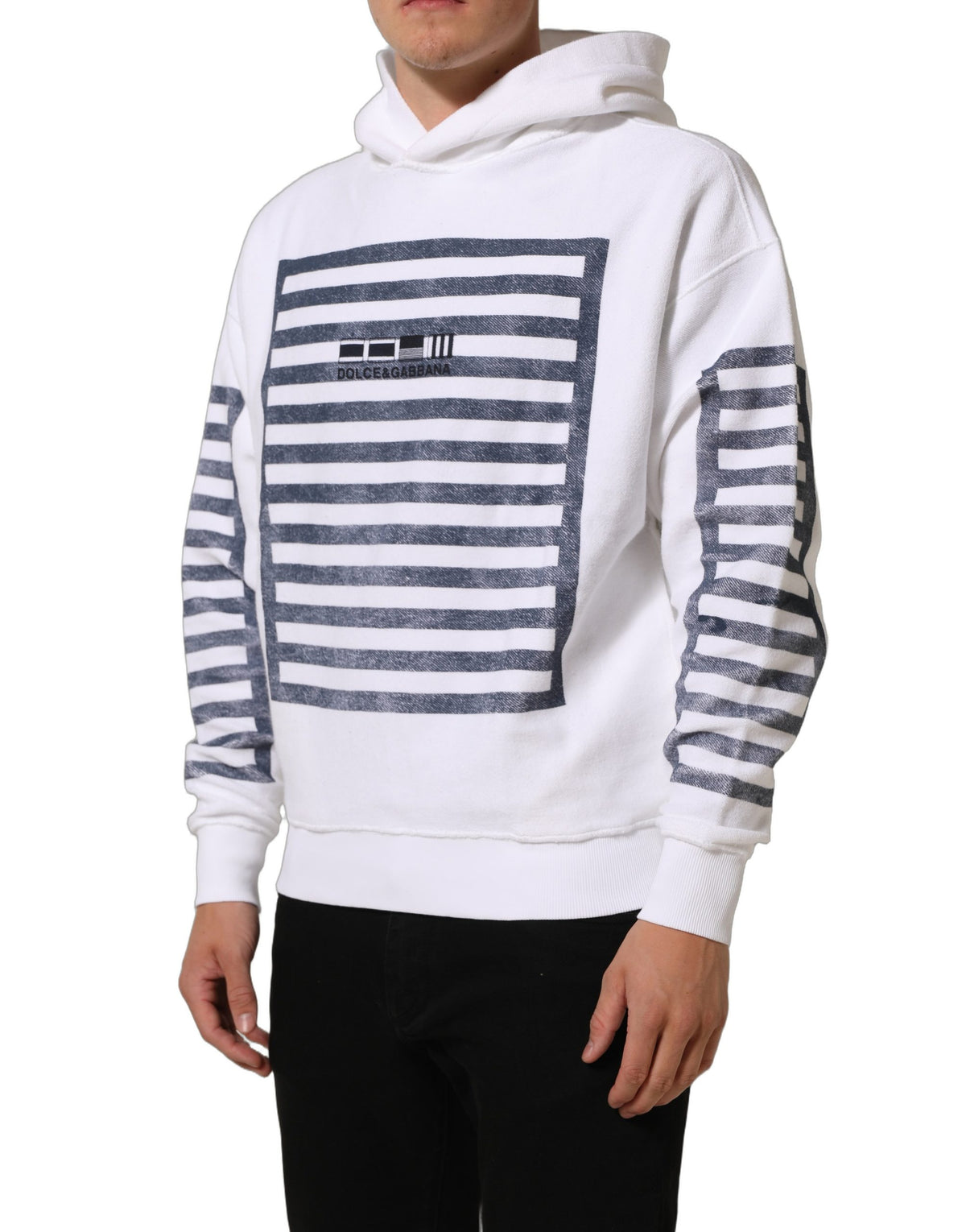 Dolce & Gabbana White Blue Stripe Hooded Sweatshirt Sweater