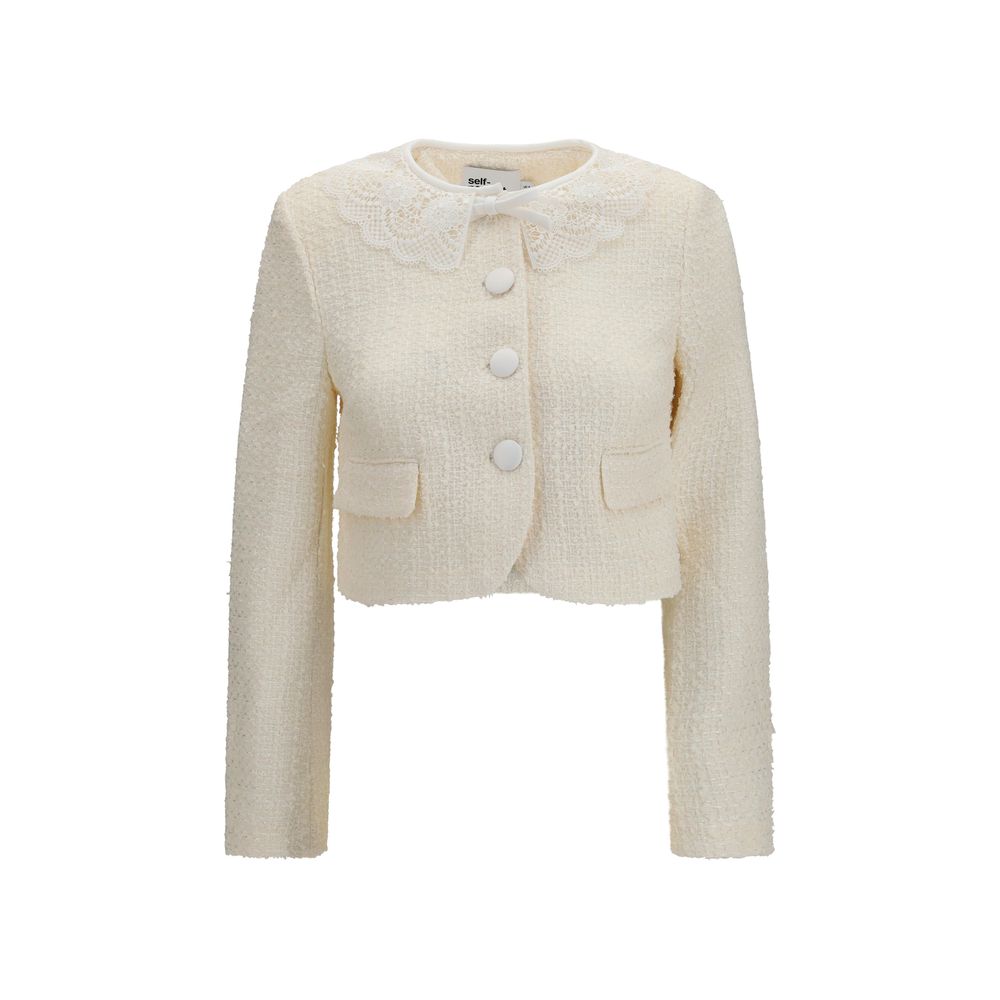 Self-Portrait Beige Bouclé Full-Length Jacket with Lace Collar
