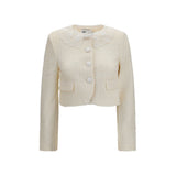 Self-Portrait Beige Bouclé Full-Length Jacket with Lace Collar