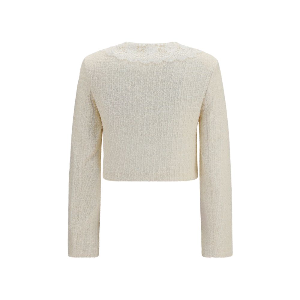 Self-Portrait Beige Bouclé Full-Length Jacket with Lace Collar