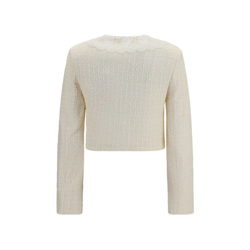 Self-Portrait Beige Bouclé Full-Length Jacket with Lace Collar
