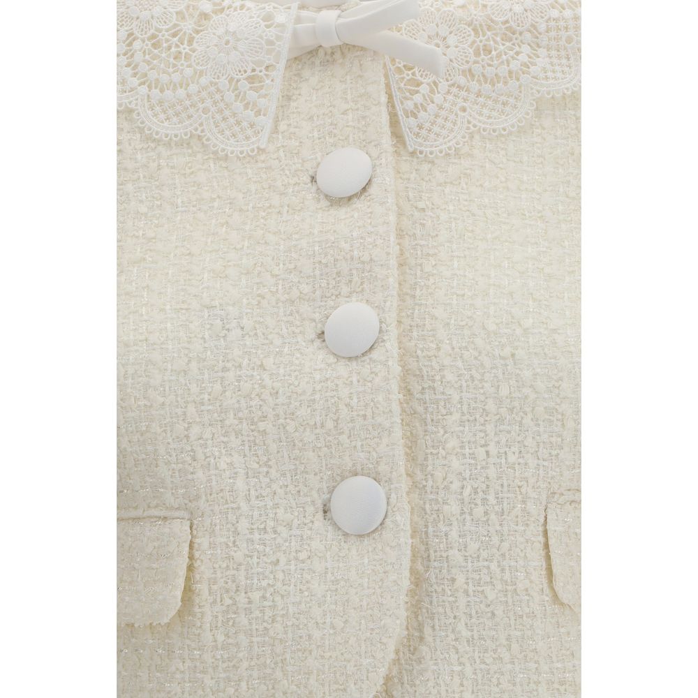 Self-Portrait Beige Bouclé Full-Length Jacket with Lace Collar