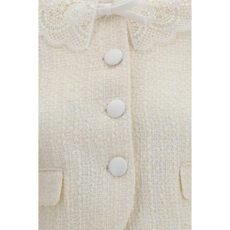 Self-Portrait Beige Bouclé Full-Length Jacket with Lace Collar