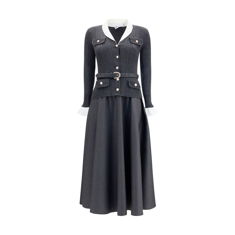 Self-Portrait Gray Polyamide Midi Dress with Pearl Details